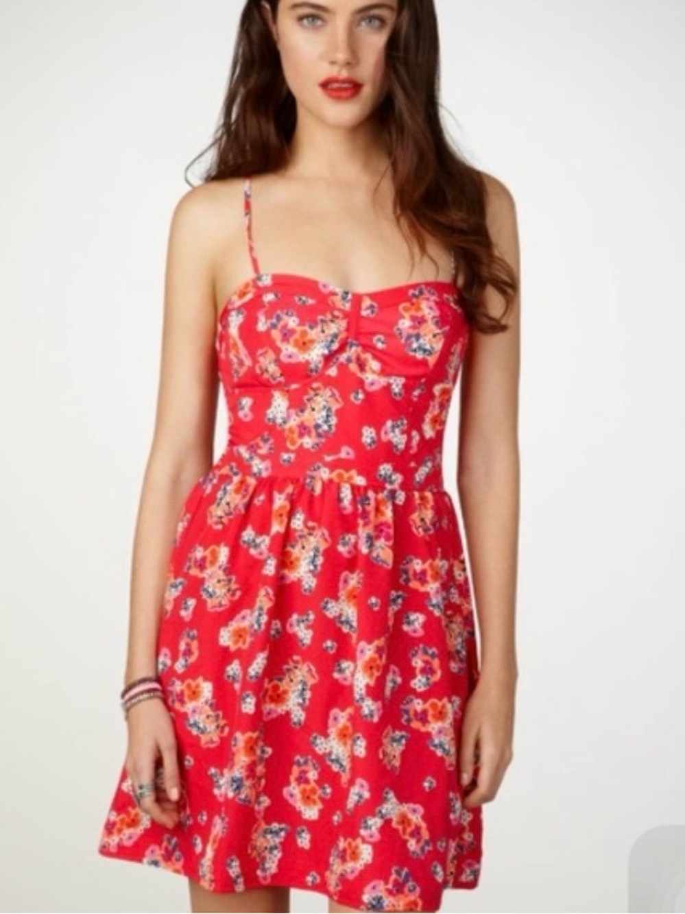 American Eagle Outfitters Red Floral Spaghetti-strap Mini Dress